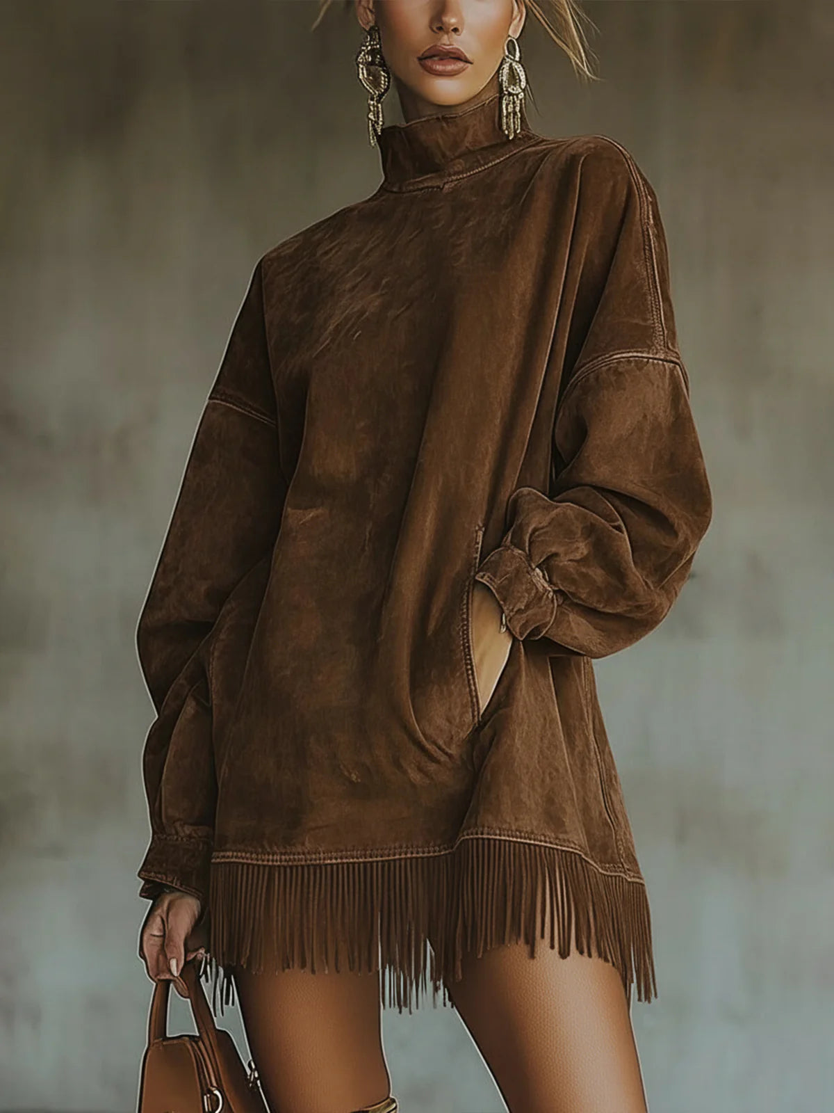 Women's Faux Suede Turtleneck Dress with Fringe Hem