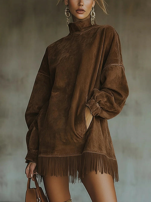 Women's Faux Suede Turtleneck Dress with Fringe Hem