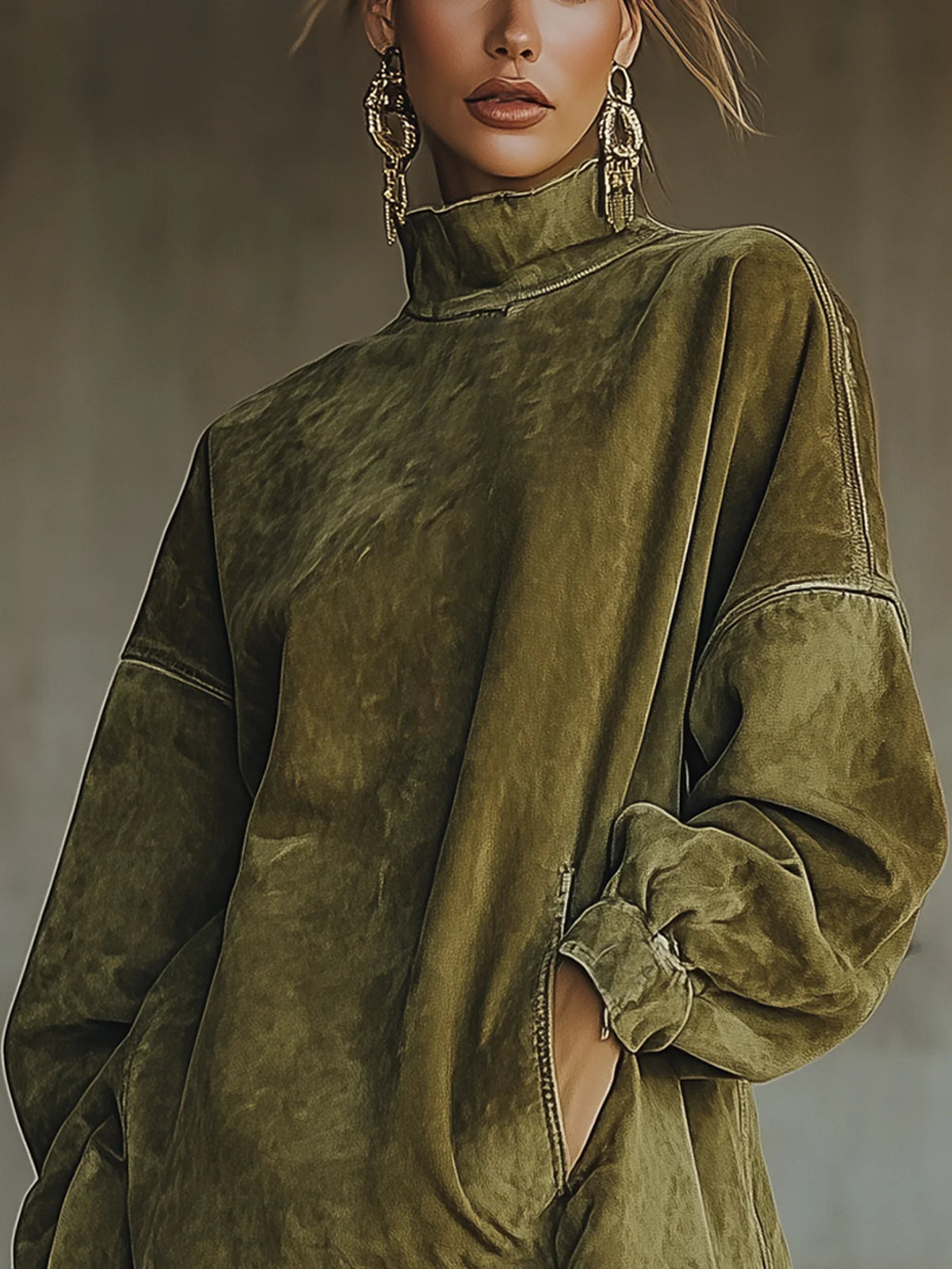 Women's Faux Suede Turtleneck Dress with Fringe Hem