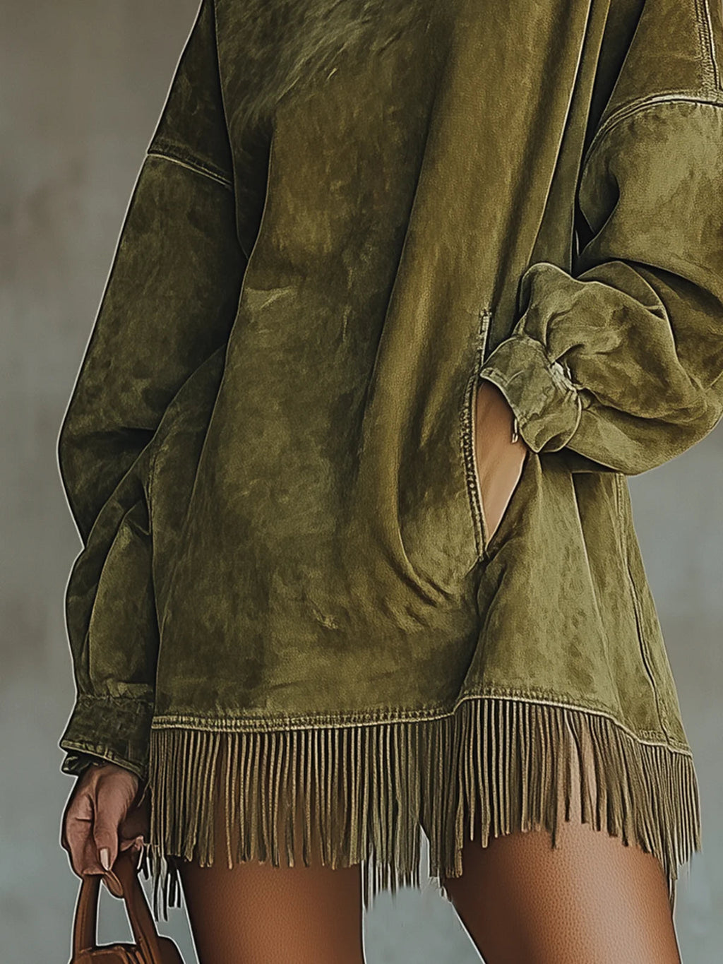 Women's Faux Suede Turtleneck Dress with Fringe Hem