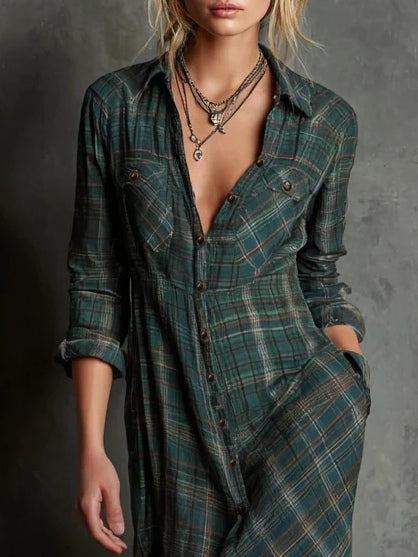 Women's Plaid Lapel Single-Breasted Shirt Maxi Dress