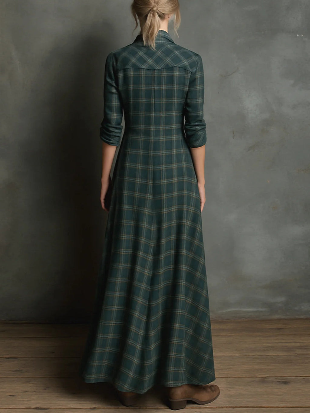 Women's Plaid Lapel Single-Breasted Shirt Maxi Dress