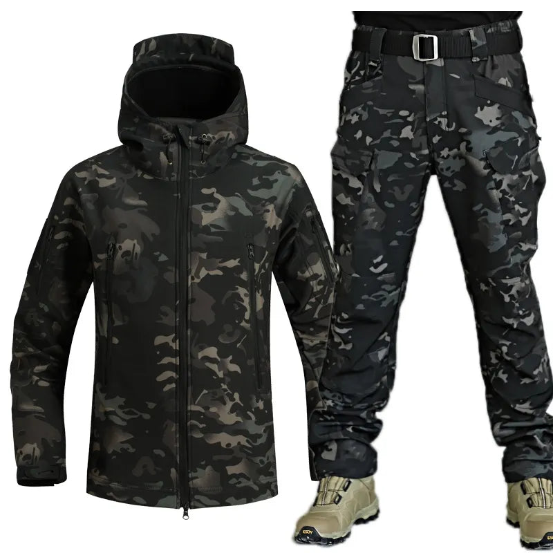 Unisex Outdoor Softshell Clothing Set with Hooded Jacket and Pants