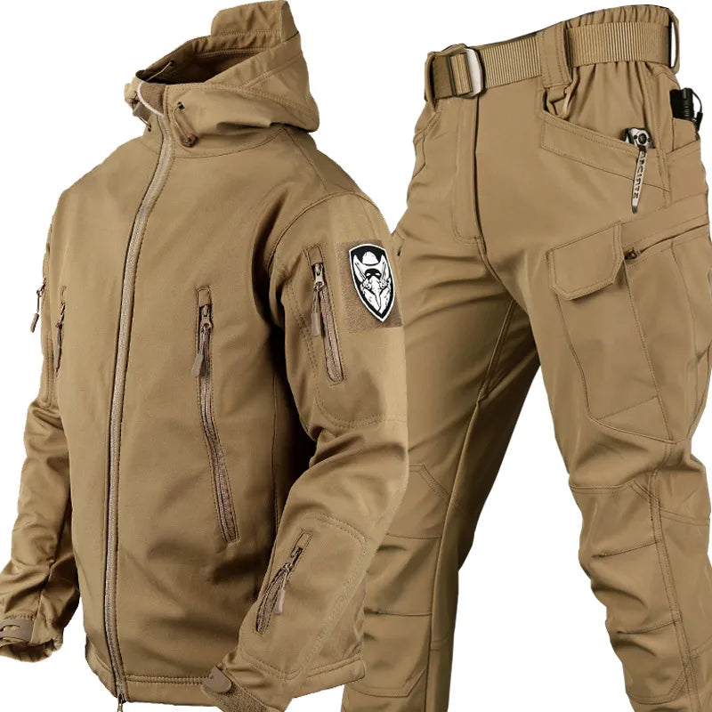 Unisex Outdoor Softshell Clothing Set with Hooded Jacket and Pants