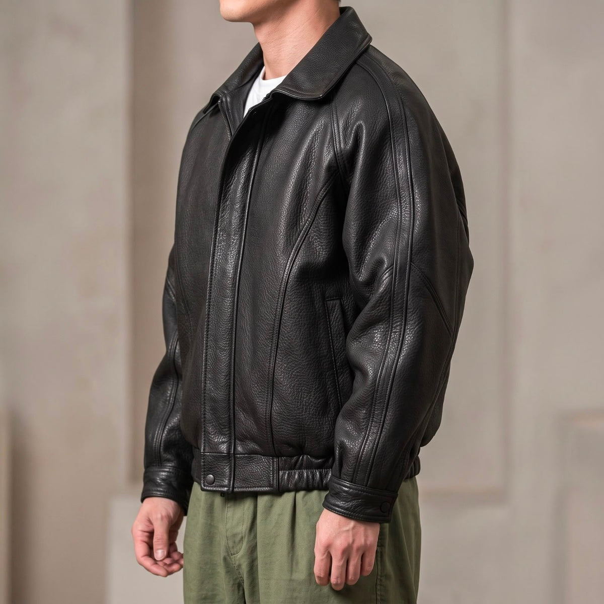 Unisex Leather Jacket with Collar and Zip