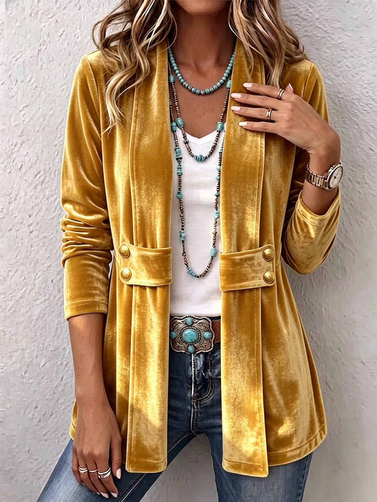 Unisex Open Front Jacket with Vintage Lapel and Button Side Tabs