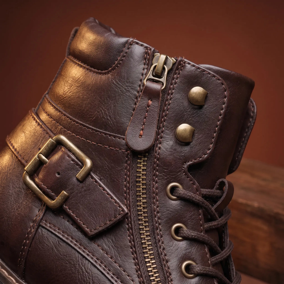 Unisex Biker Boots with Buckle Strap and Side Zip