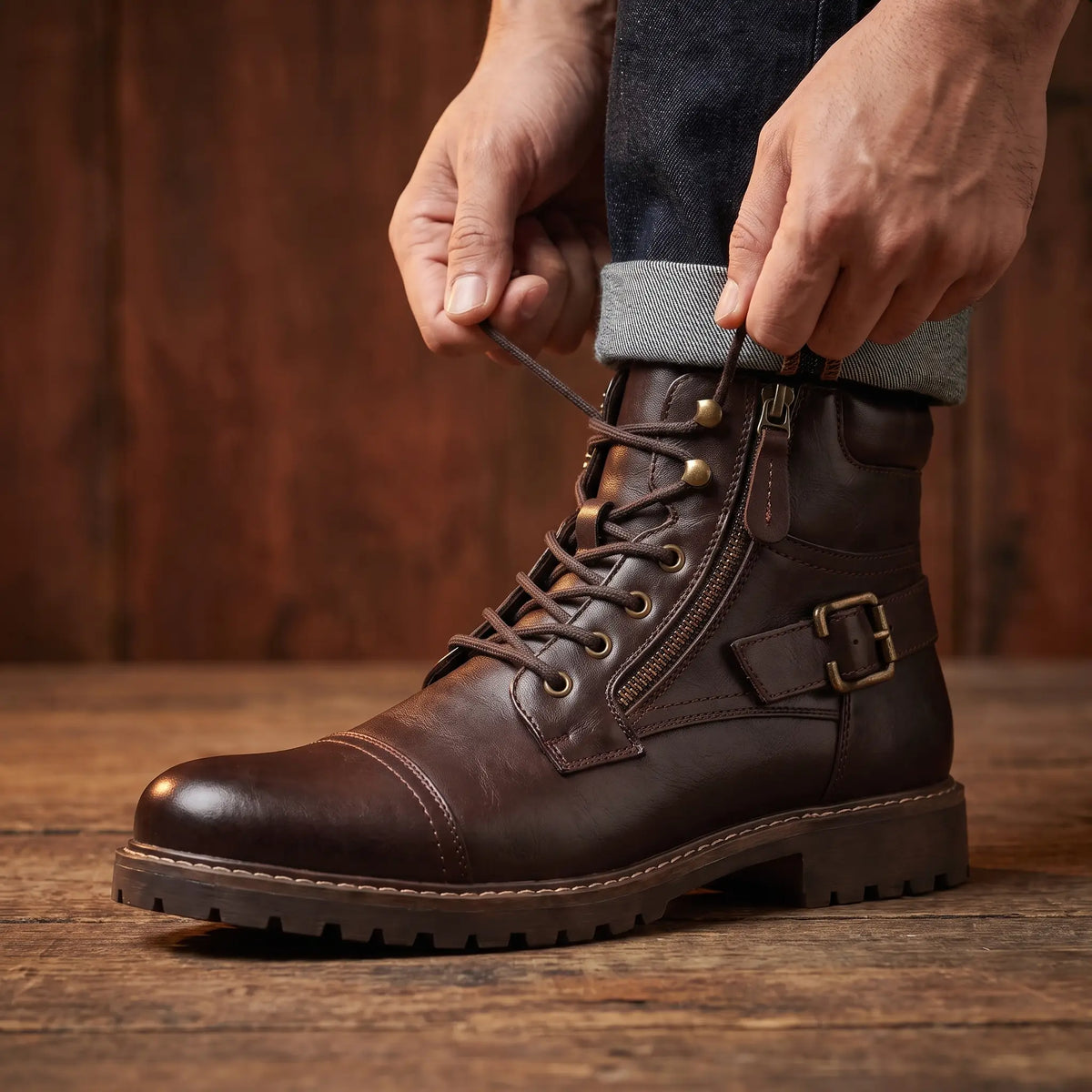 Unisex Biker Boots with Buckle Strap and Side Zip