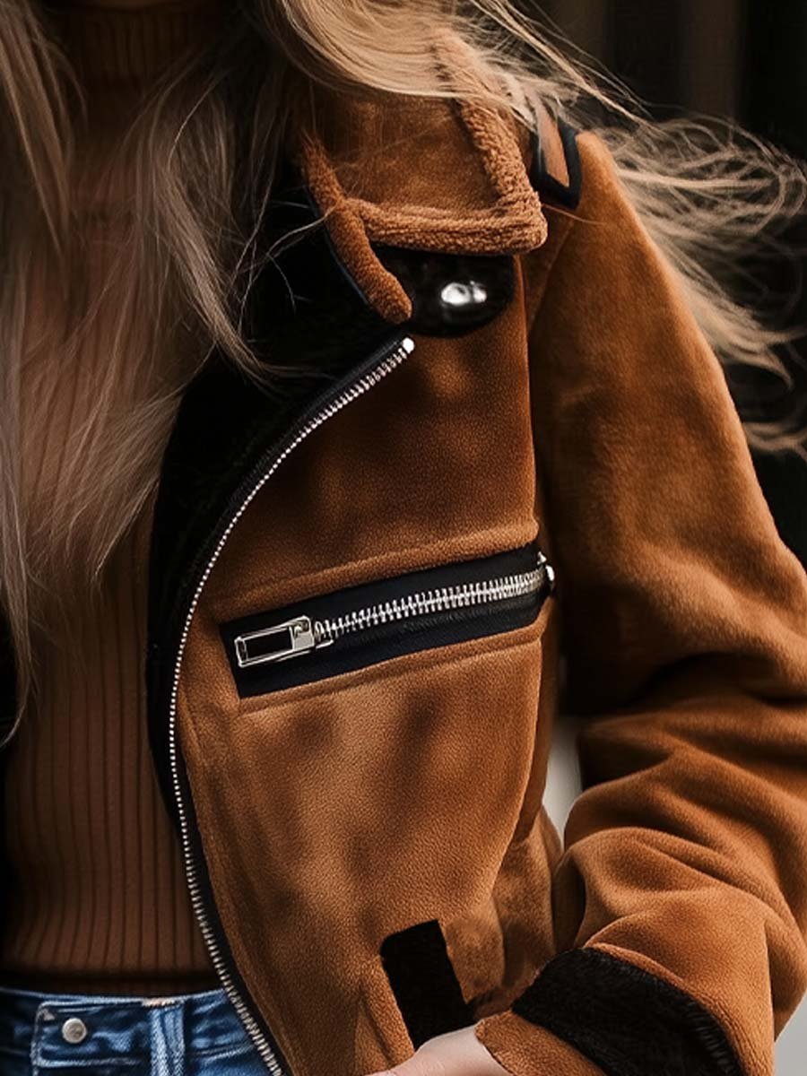 Women's Coat in Suede with Contrast Color Details and Zipper