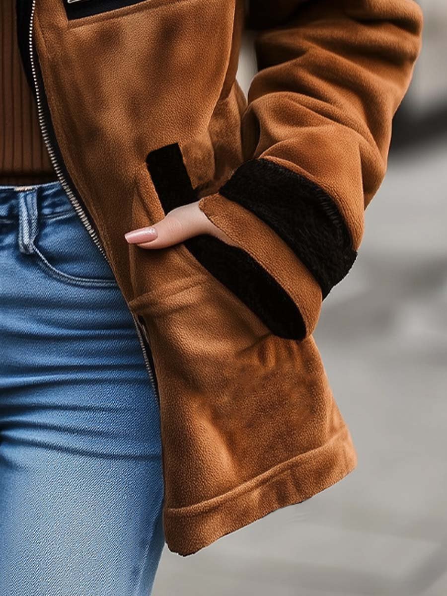 Women's Coat in Suede with Contrast Color Details and Zipper