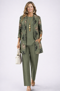 Women's 3-Piece Clothing Set with Cardigan and Botanical Print Pants