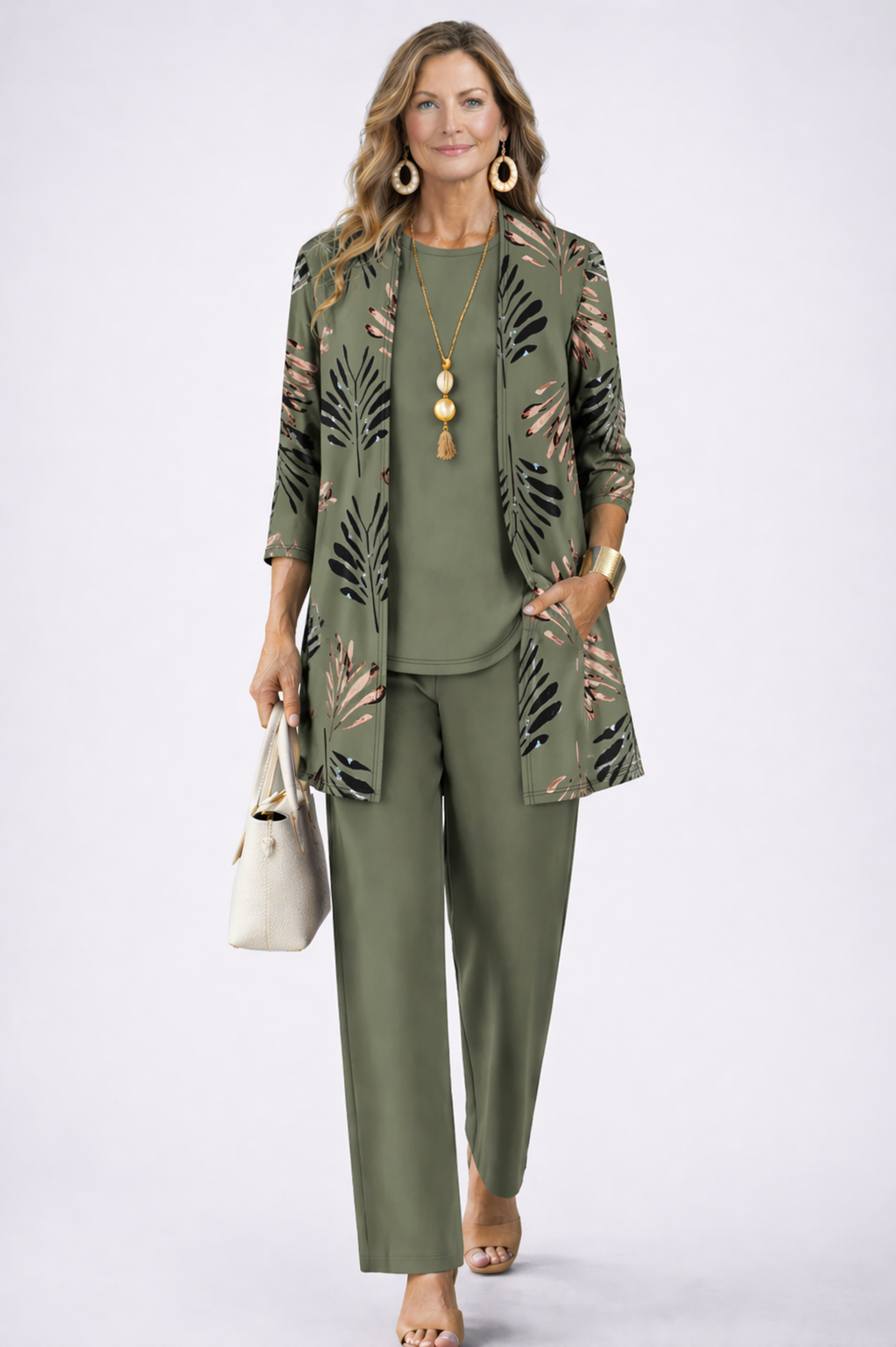 Women's 3-Piece Clothing Set with Cardigan and Botanical Print Pants