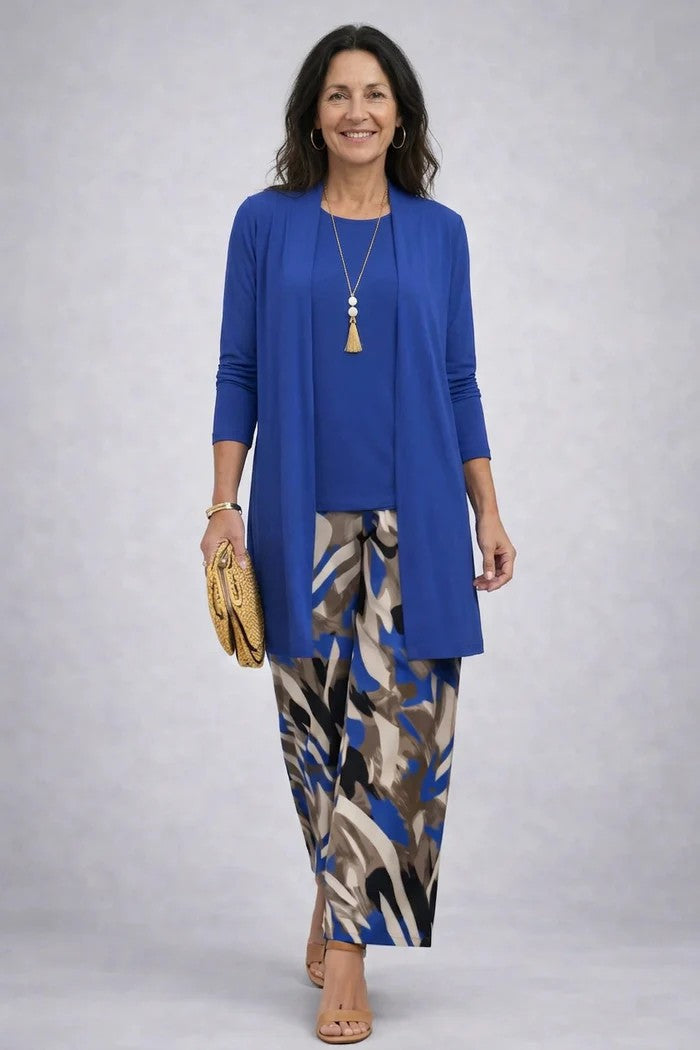 Women's 3-Piece Clothing Set with Cardigan and Botanical Print Pants
