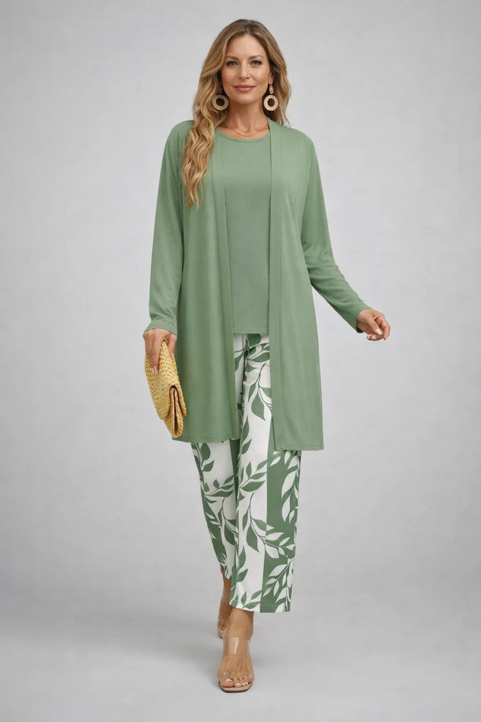 Women's 3-Piece Clothing Set with Cardigan and Botanical Print Pants