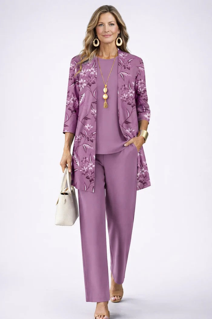 Women's 3-Piece Clothing Set with Cardigan and Botanical Print Pants