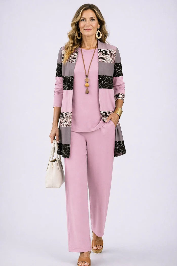 Women's 3-Piece Clothing Set with Cardigan and Botanical Print Pants