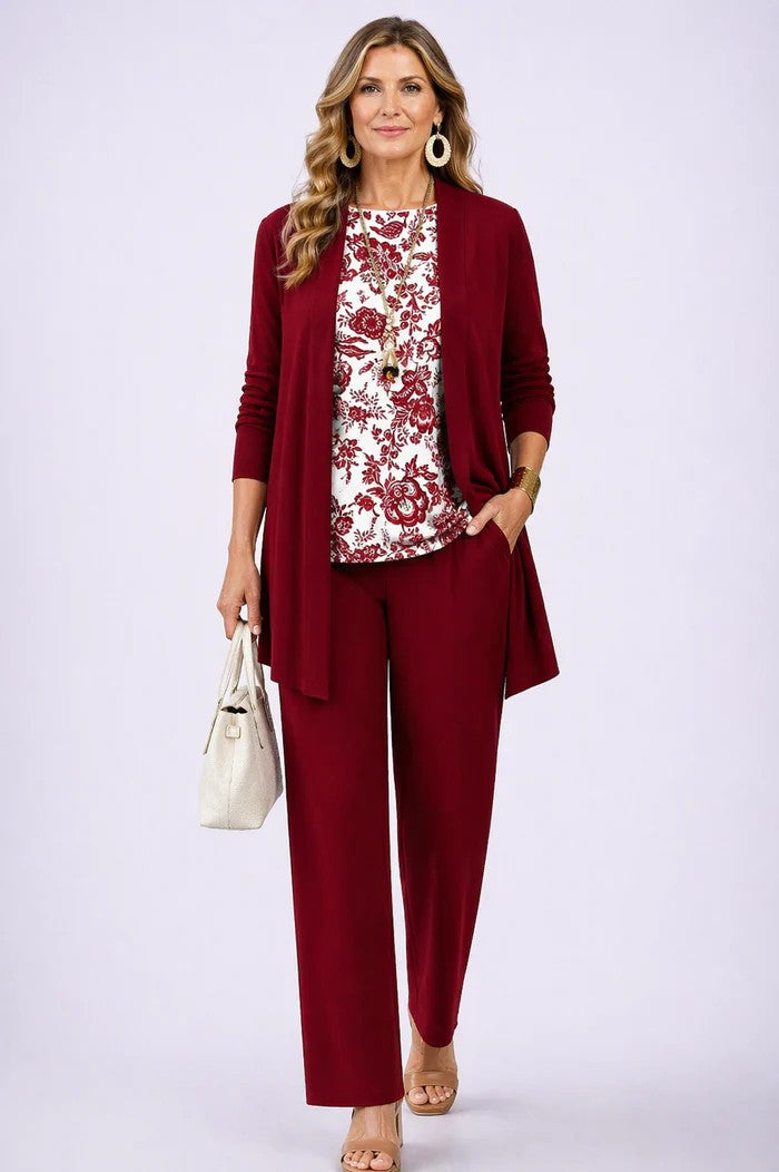 Women's 3-Piece Clothing Set with Cardigan and Botanical Print Pants