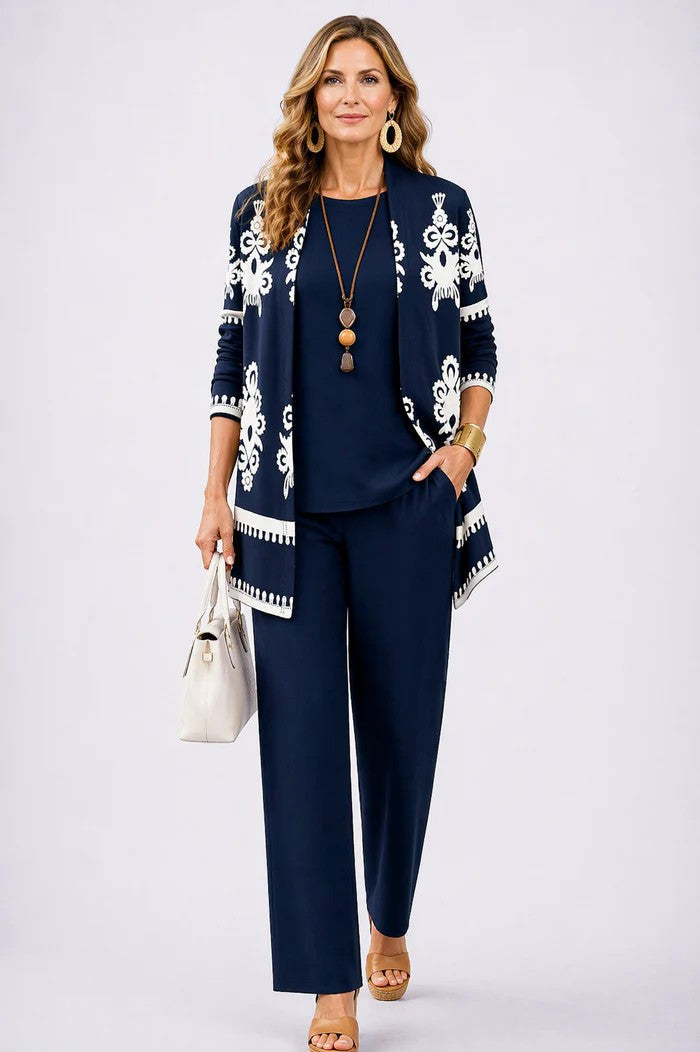 Women's 3-Piece Clothing Set with Cardigan and Botanical Print Pants