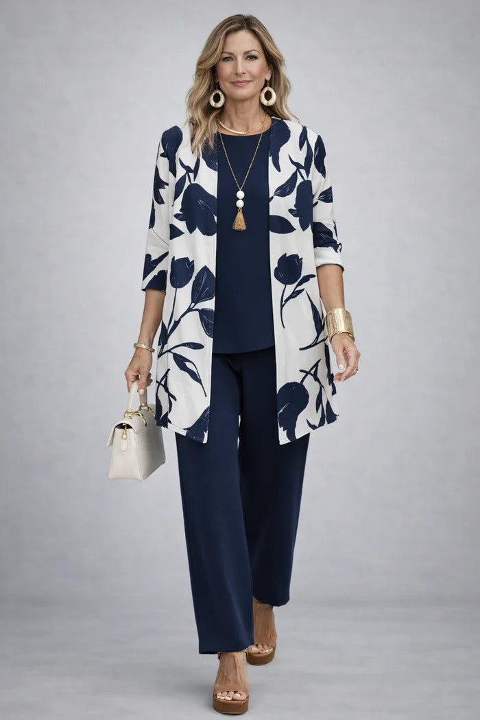 Women's 3-Piece Clothing Set with Cardigan and Botanical Print Pants