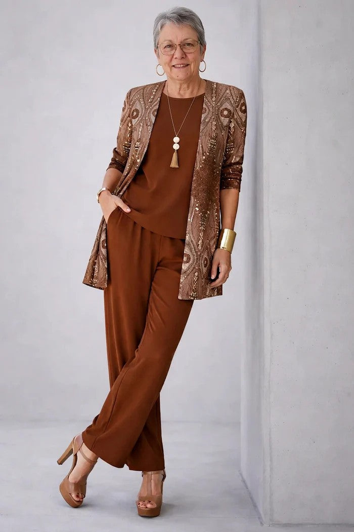Women's 3-Piece Clothing Set with Cardigan and Botanical Print Pants
