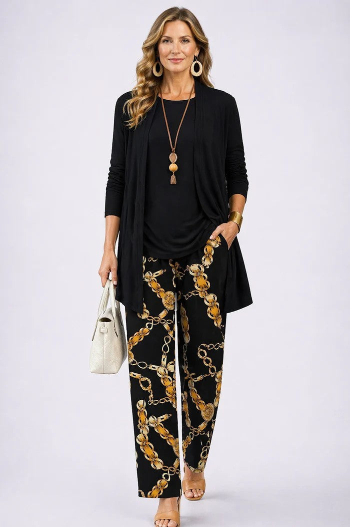 Women's 3-Piece Clothing Set with Cardigan and Botanical Print Pants