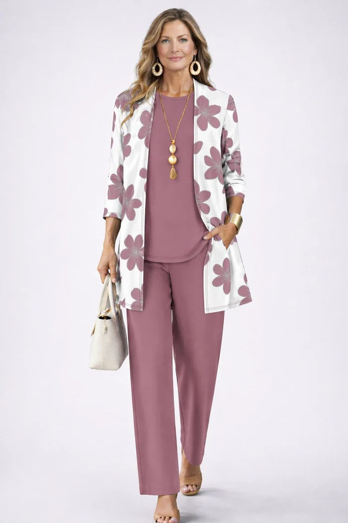 Women's 3-Piece Clothing Set with Cardigan and Botanical Print Pants