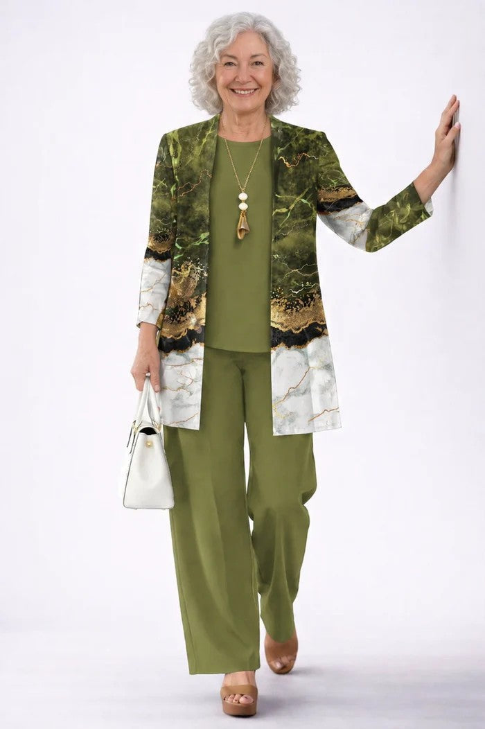 Women's 3-Piece Clothing Set with Cardigan and Botanical Print Pants