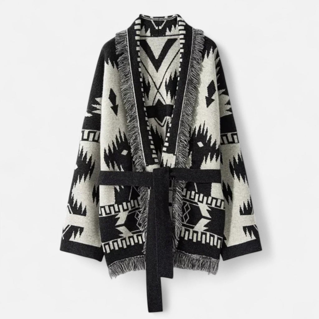Women's Cardigan with Cashmere, Jacquard Details and Tassels