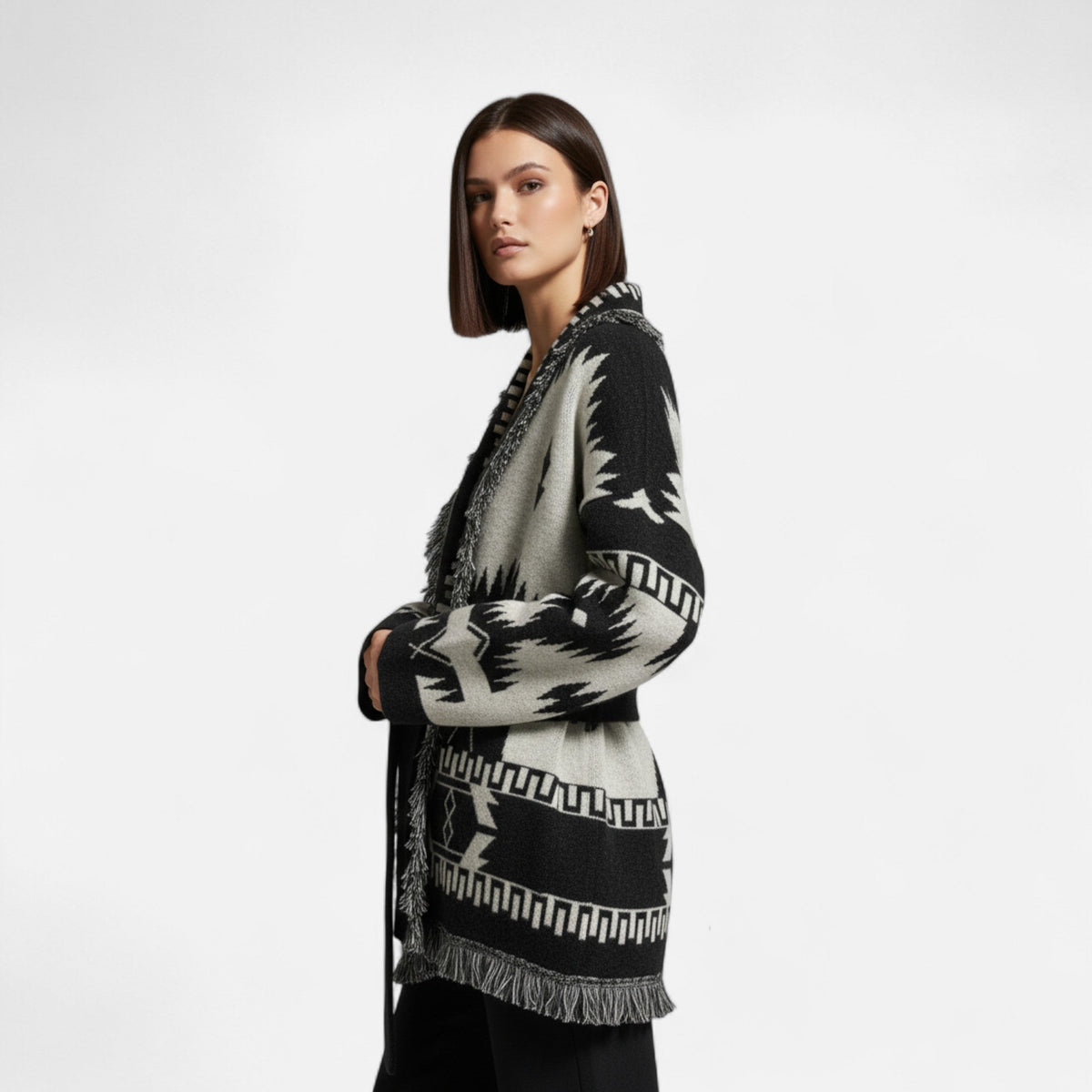 Women's Cardigan with Cashmere, Jacquard Details and Tassels