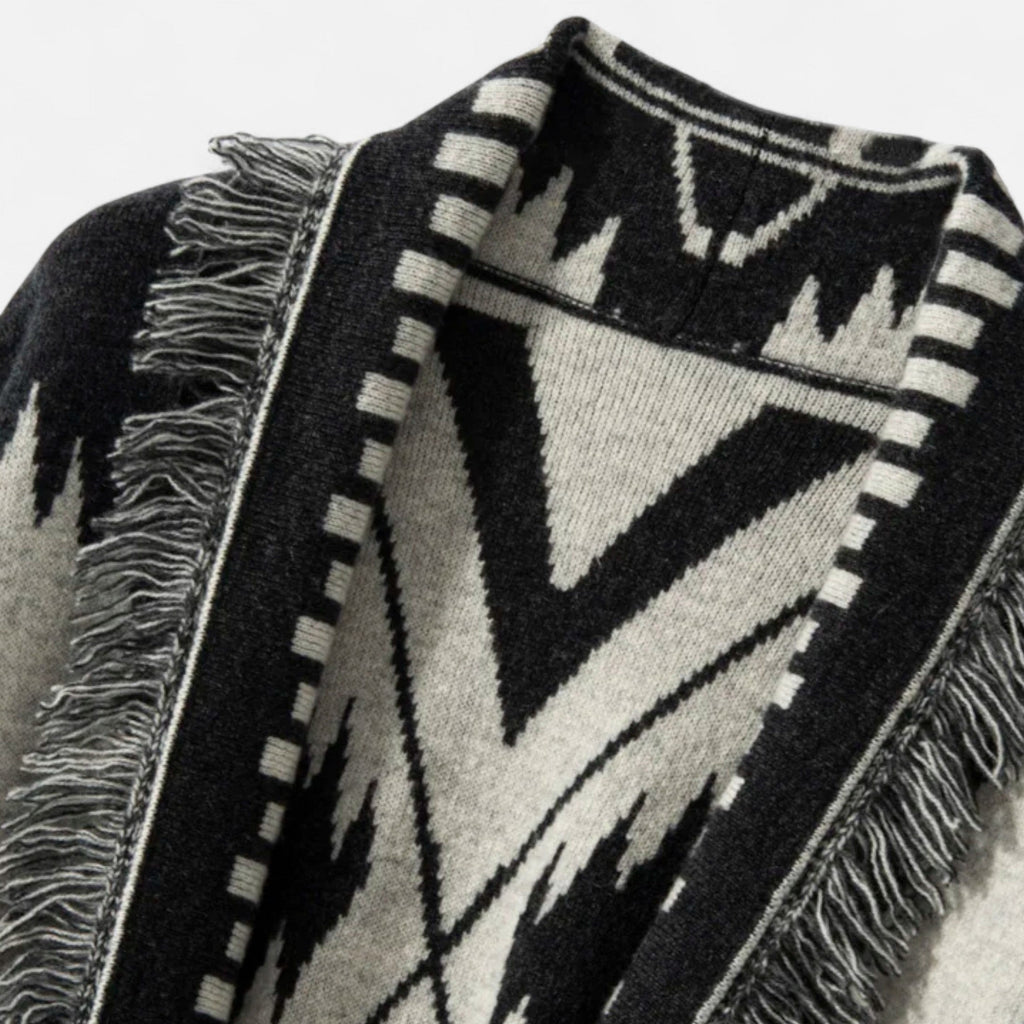Women's Cardigan with Cashmere, Jacquard Details and Tassels