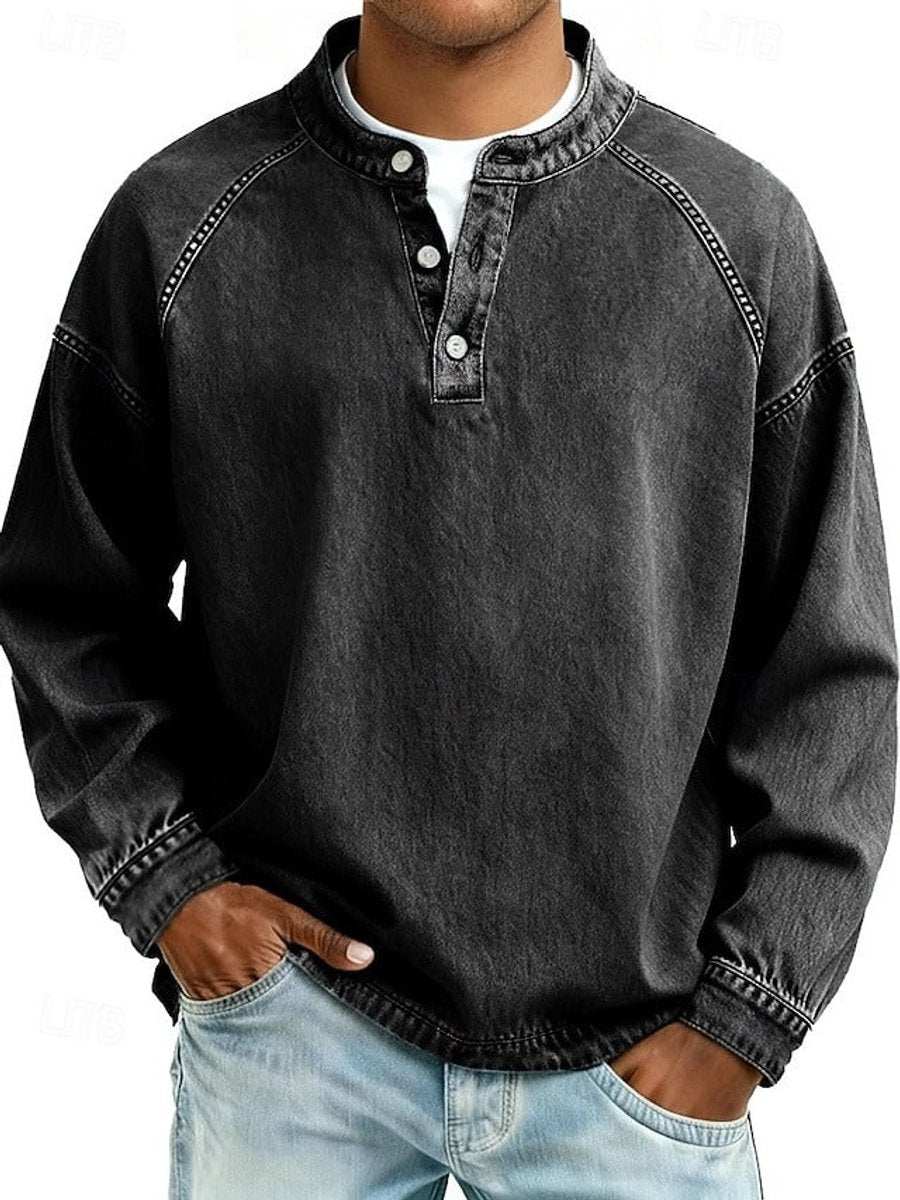 Men's Henley Shirt with Raglan Long Sleeves and Washed Finish