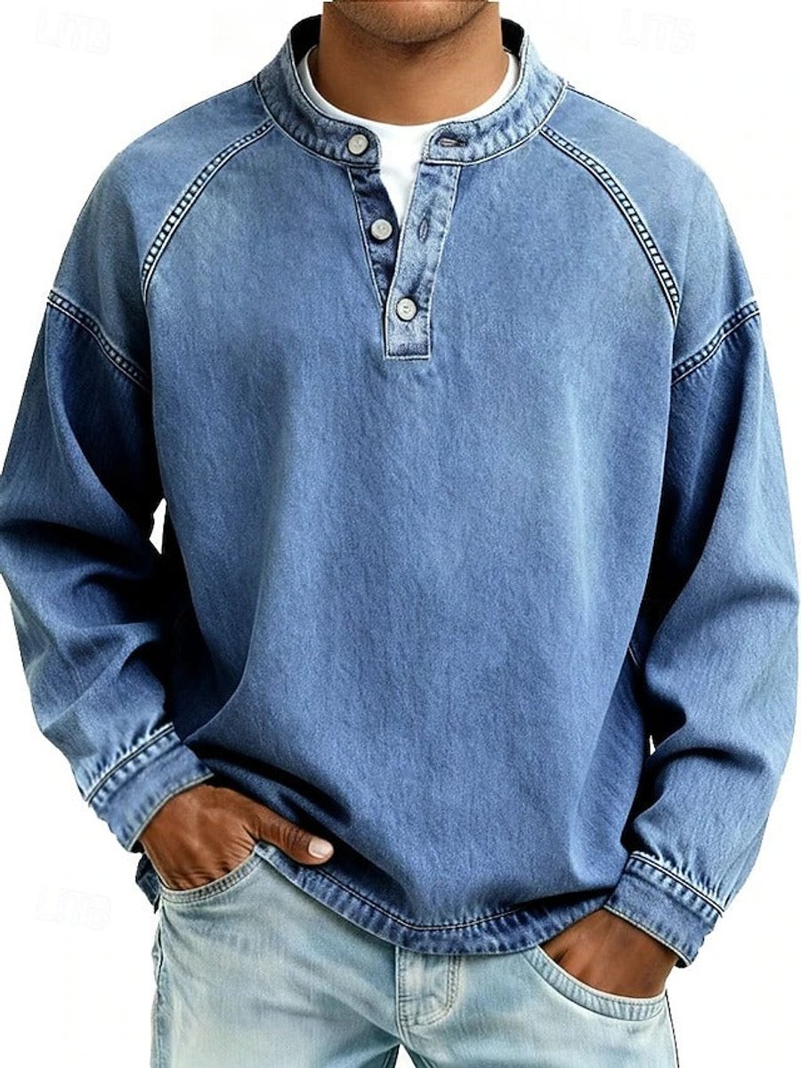 Men's Henley Shirt with Raglan Long Sleeves and Washed Finish