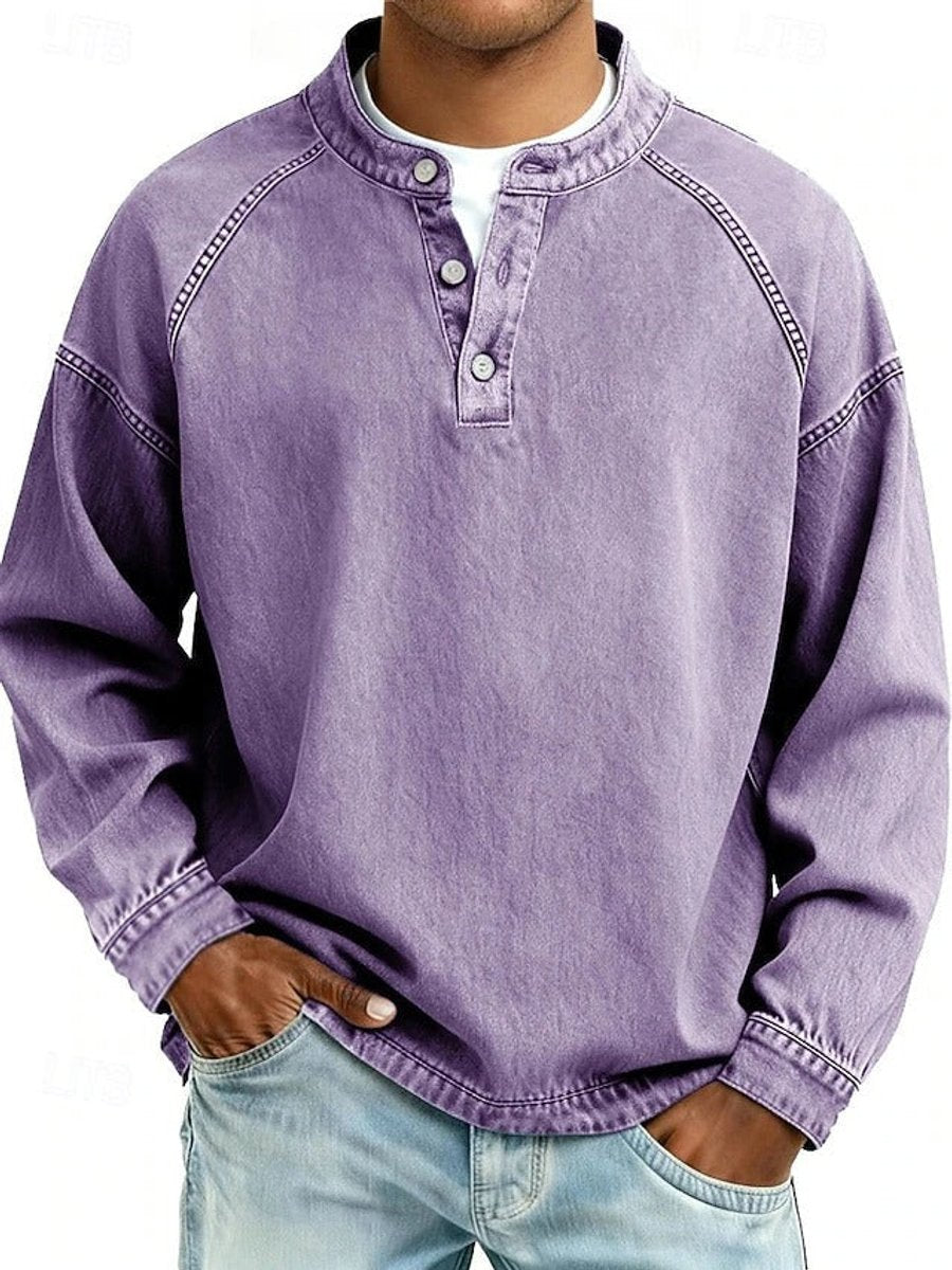 Men's Henley Shirt with Raglan Long Sleeves and Washed Finish