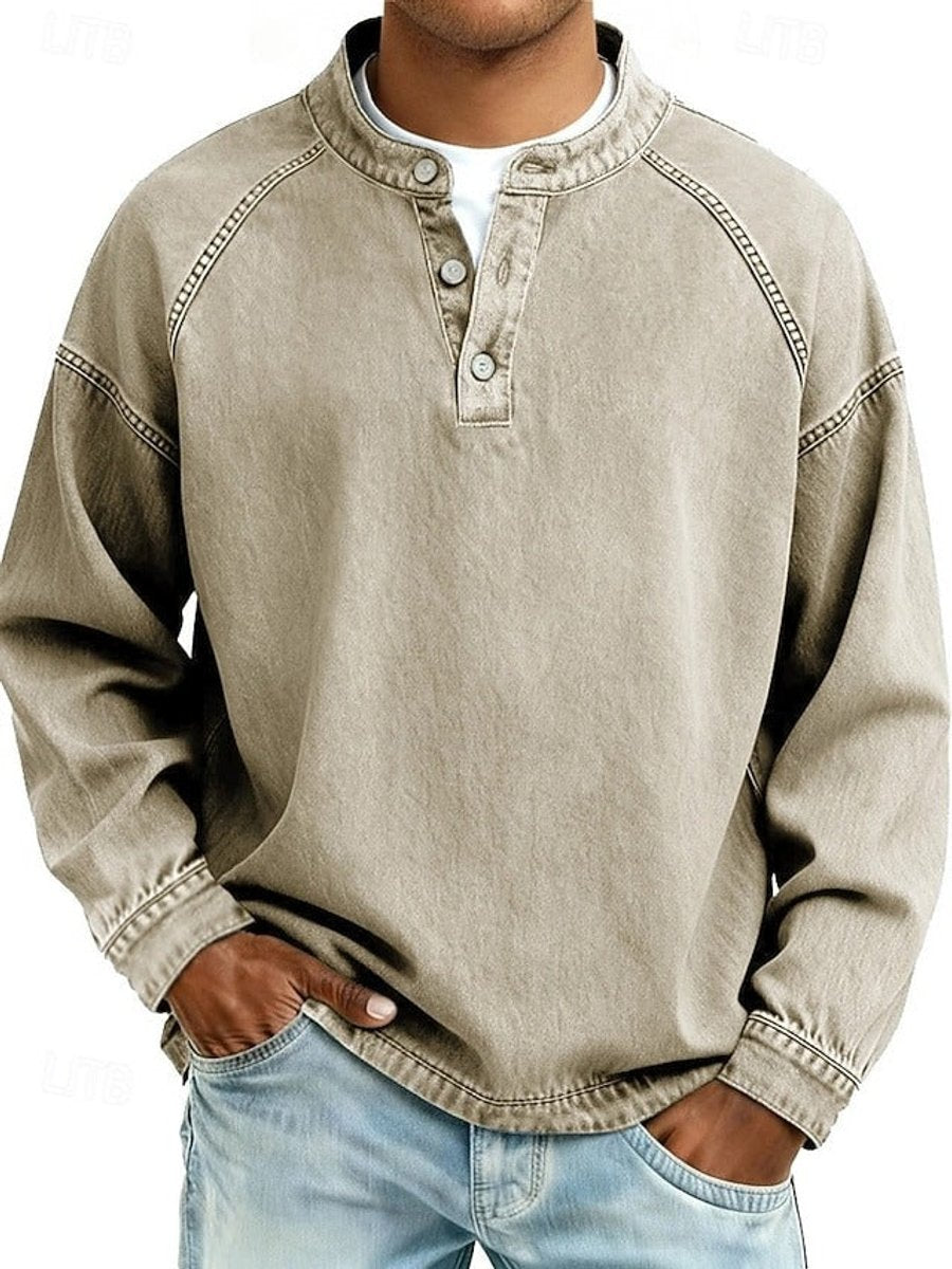 Men's Henley Shirt with Raglan Long Sleeves and Washed Finish