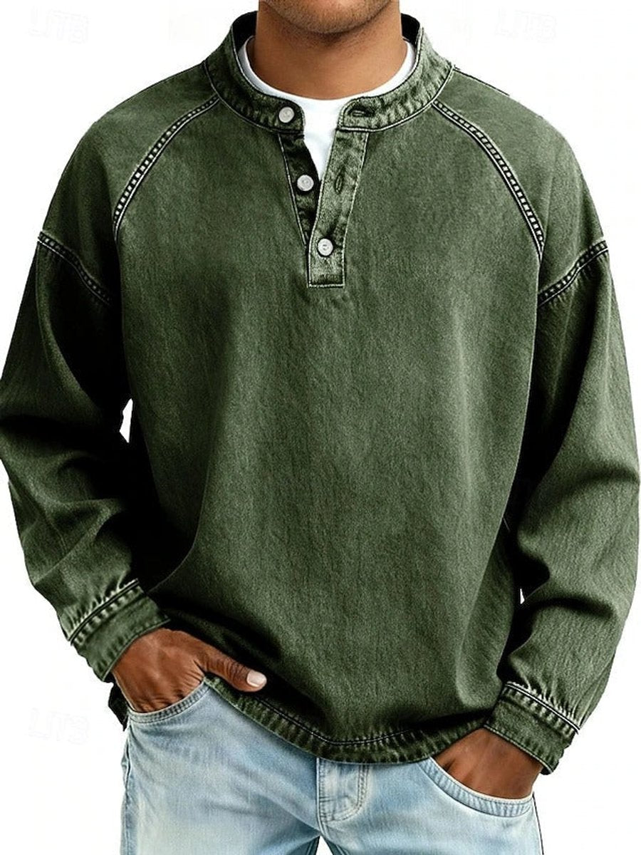 Men's Henley Shirt with Raglan Long Sleeves and Washed Finish
