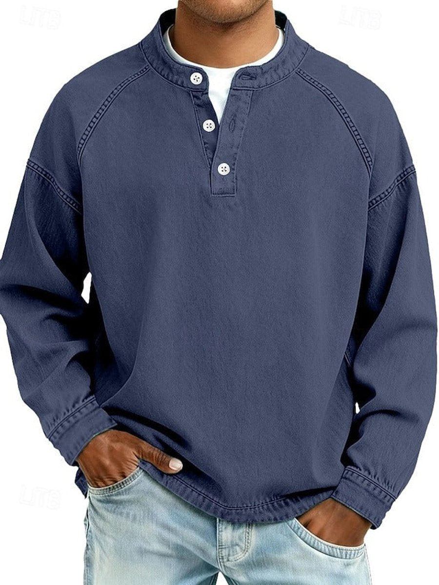 Men's Henley Shirt with Raglan Long Sleeves and Washed Finish