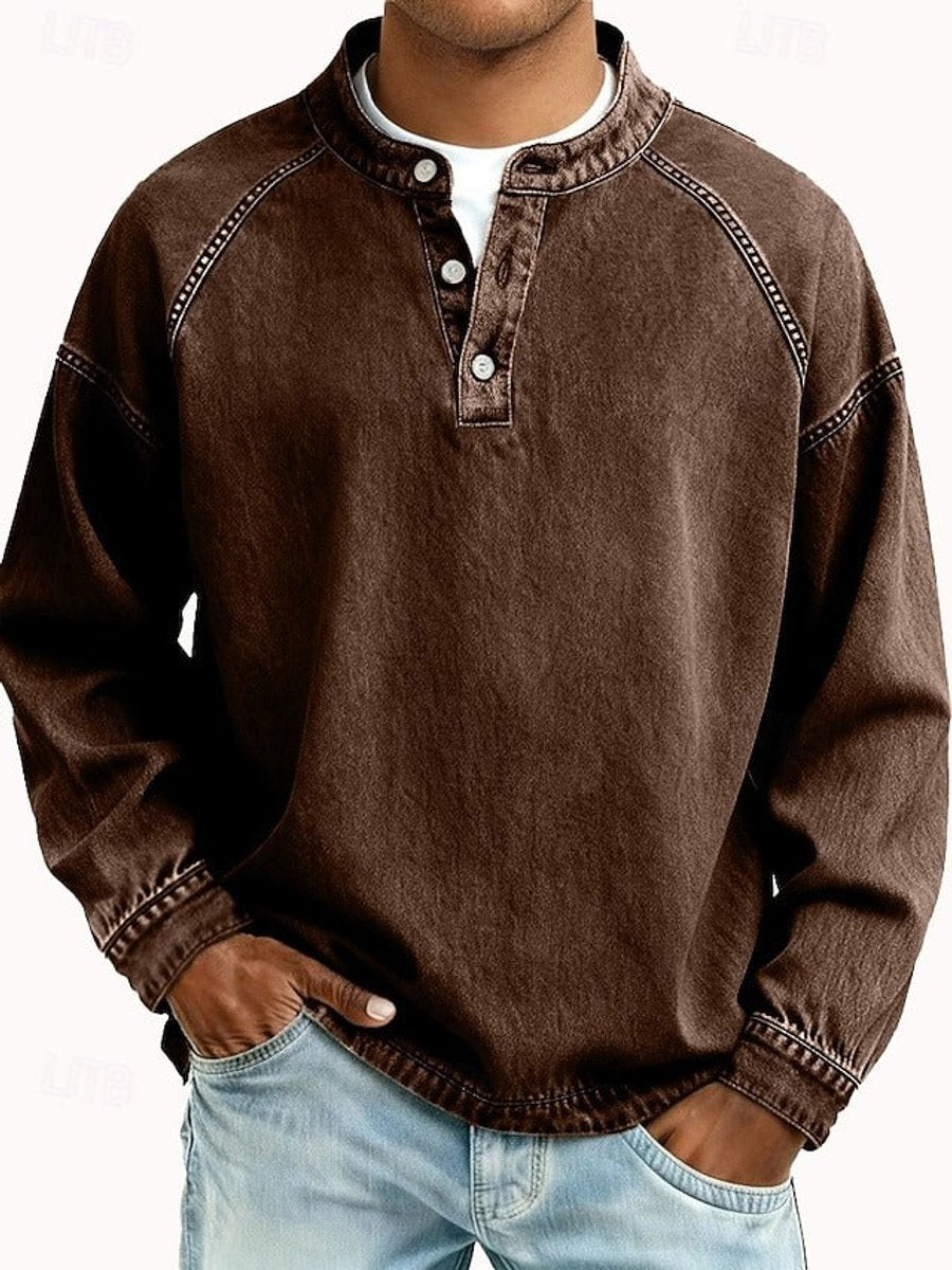 Men's Henley Shirt with Raglan Long Sleeves and Washed Finish