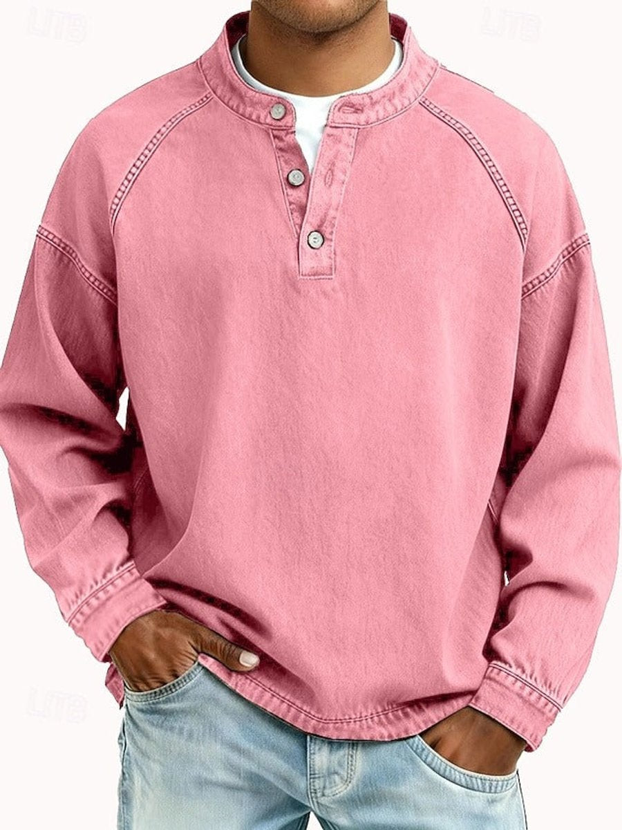 Men's Henley Shirt with Raglan Long Sleeves and Washed Finish