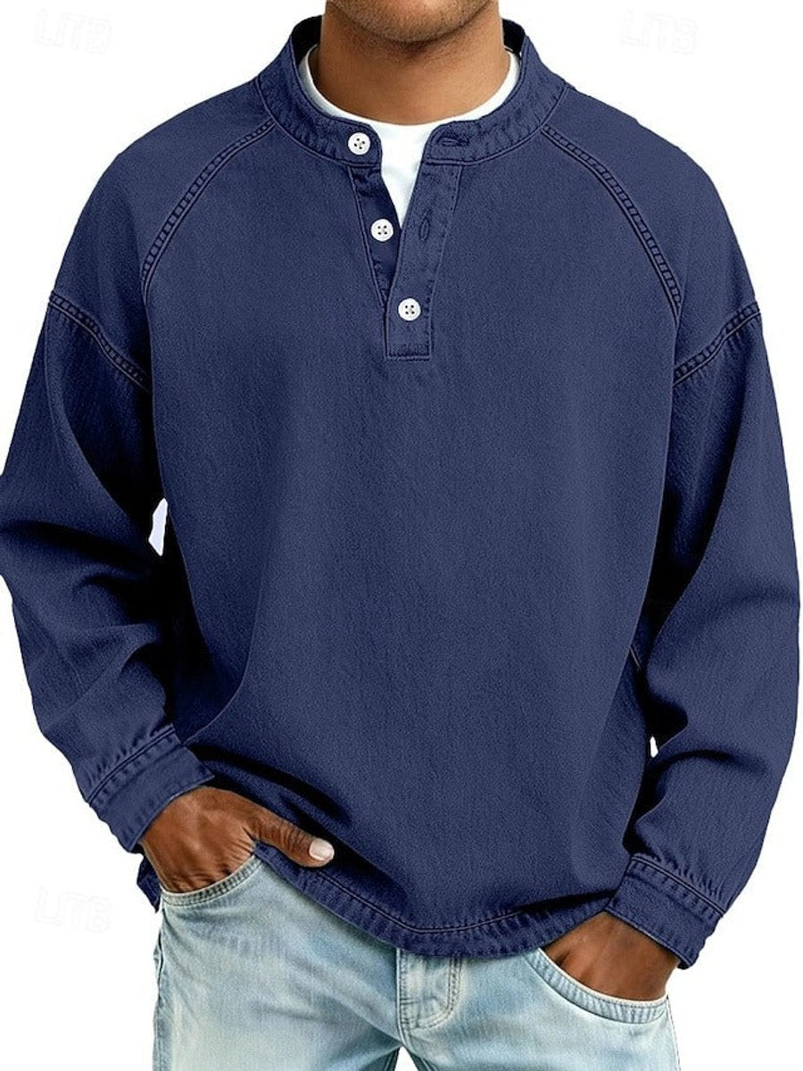Men's Henley Shirt with Raglan Long Sleeves and Washed Finish