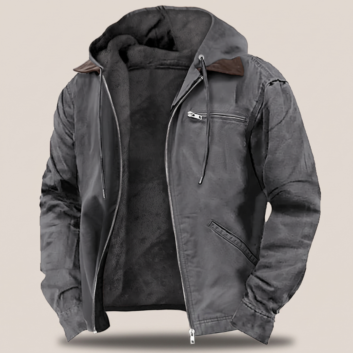 Men's Hooded Jacket with Full Zip and Fleece Lining