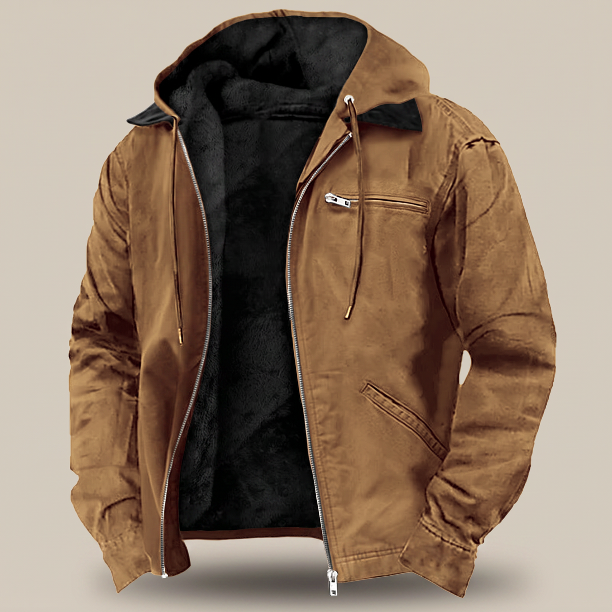 Men's Hooded Jacket with Full Zip and Fleece Lining
