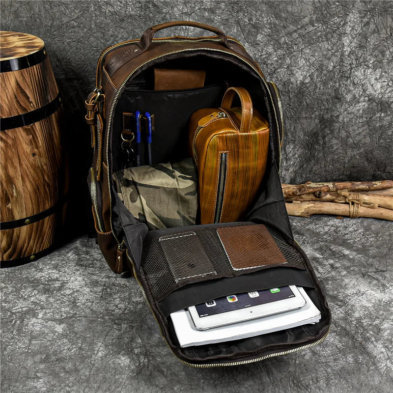 Men's Leather Travel Backpack with 20–35L Capacity
