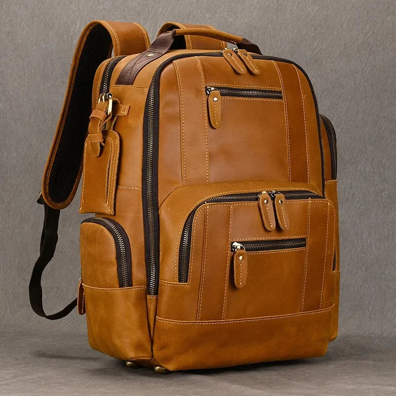Men's Leather Travel Backpack with 20–35L Capacity
