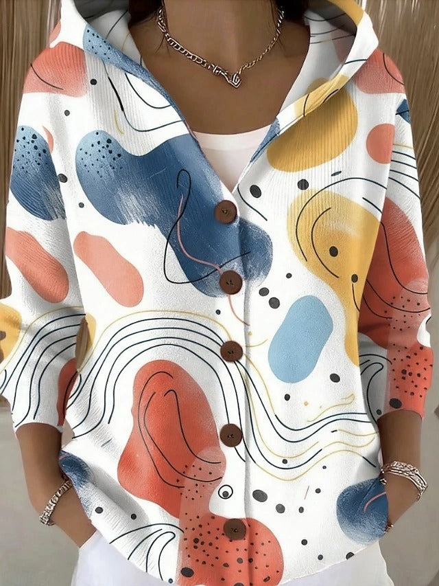 Women's Cardigan with Buttons and Artistic Floral Prints