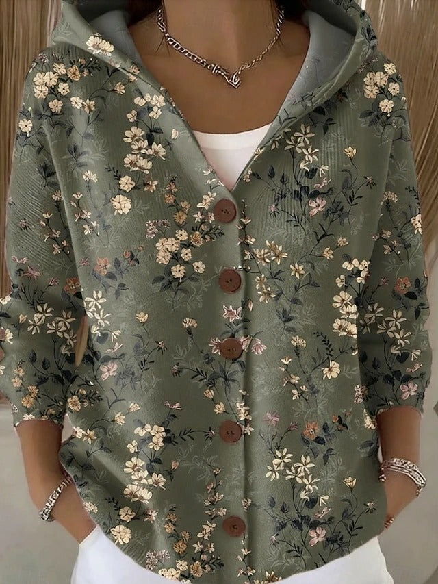Women's Cardigan with Buttons and Artistic Floral Prints