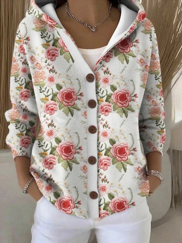 Women's Cardigan with Buttons and Artistic Floral Prints