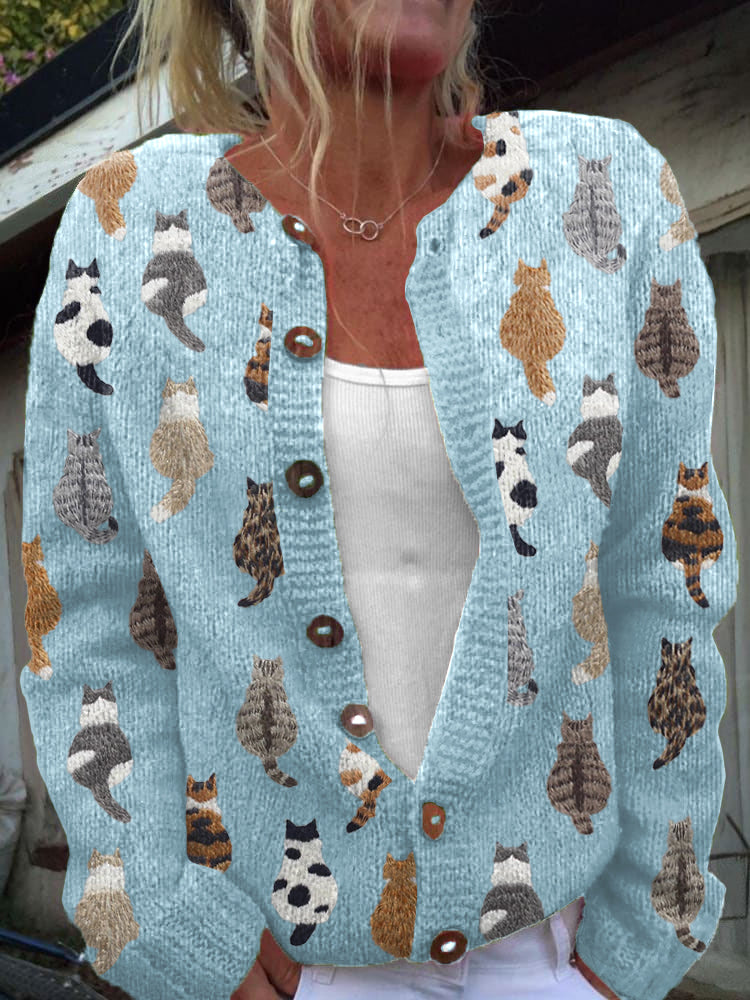 Women's Cat Print Cardigan with Buttons
