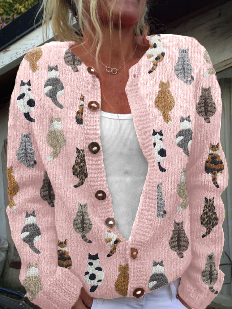 Women's Cat Print Cardigan with Buttons
