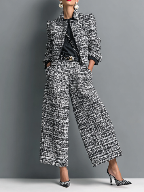 Women's Clothing Set with Long-Sleeve Jacket and Wide-Leg Pants