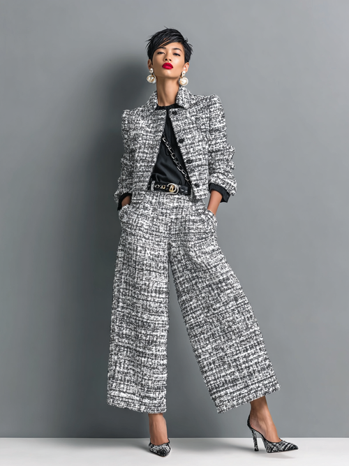 Women's Clothing Set with Long-Sleeve Jacket and Wide-Leg Pants